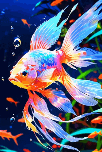 a painting of a colorful fish with bubbles in the water