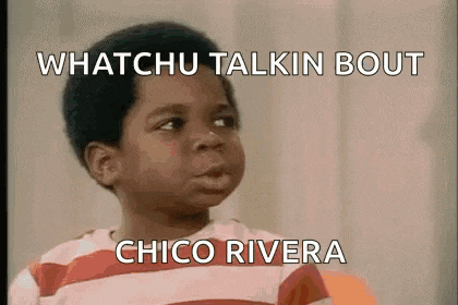 a young boy with a striped shirt is making a funny face and says `` whatchu talkin bout chico rivera '' .