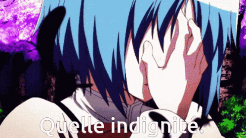 a person with blue hair is covering their face with their hands and the words " quelle indignite " written below them