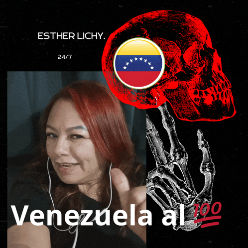 a woman with red hair is wearing headphones next to a skeleton hand and a skull with the venezuela flag on it