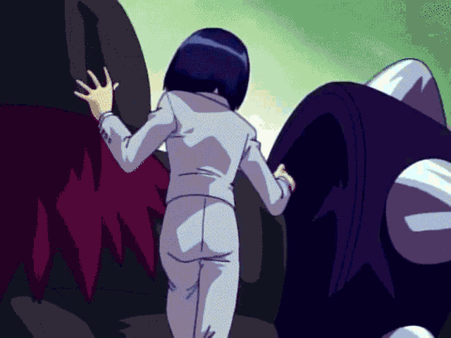 a woman in a white suit is standing in front of a large monster