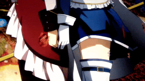 a woman in a blue skirt is holding a red item