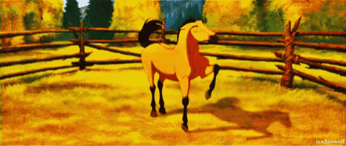 a cartoon horse is standing in a field next to a wooden fence .