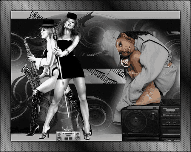a black and white photo of a woman playing a saxophone and a man sitting on a boombox