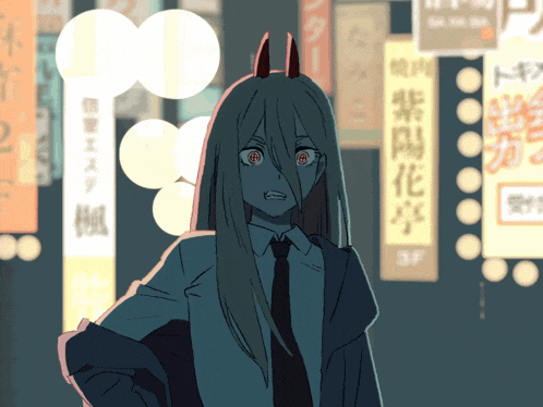 a drawing of a girl with long hair and horns in front of a sign that says 3f