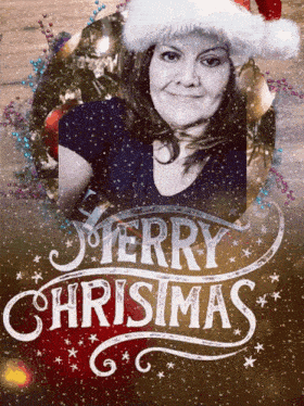 a woman wearing a santa hat is surrounded by merry christmas greeting cards