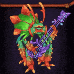 a cartoon monster is playing a guitar in a dark room .