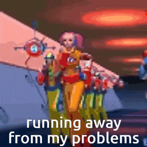 a cartoon of a group of people running away from their problems