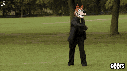 a cartoon of a man in a suit with a wolf mask on his head