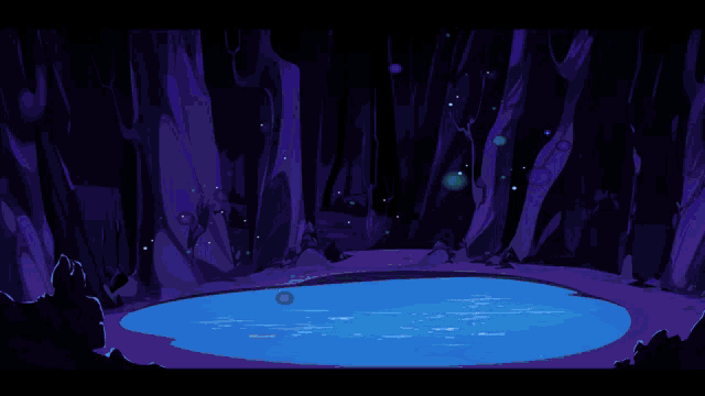 two fish are swimming in a pond in a dark cave