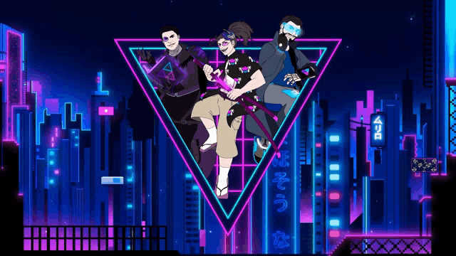 a group of people are standing in a triangle in front of a city skyline