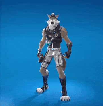 a 3d model of a wolf with arms outstretched on a blue background