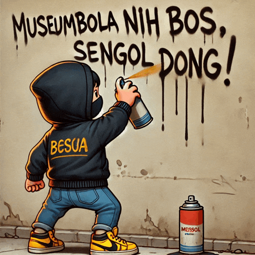 a cartoon drawing of a person spraying graffiti on a wall that says museumbola nih bos sengol dong
