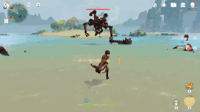 a screenshot of a video game shows a person laying in the water and a robot flying over a tower .
