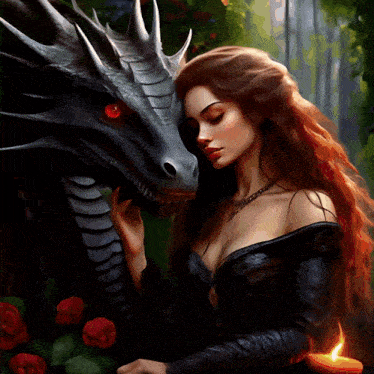 a woman in a black dress is standing next to a dragon with red eyes
