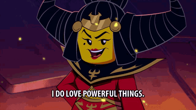 a cartoon character says " i do love powerful things " in a purple background