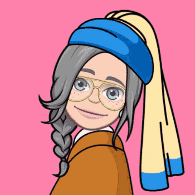 a cartoon girl wearing a blue hat and a yellow scarf