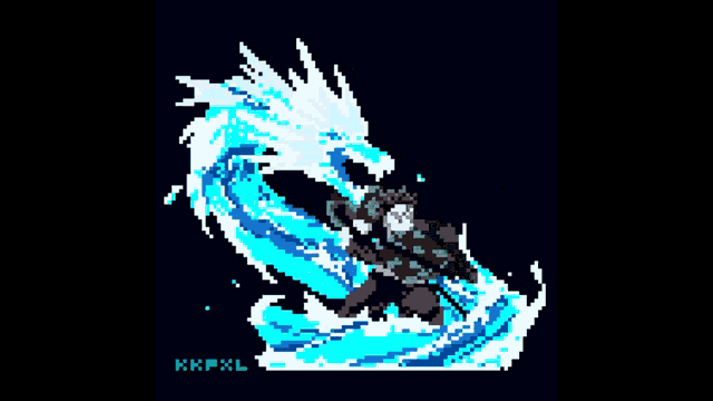 a pixel art of a man holding a sword fighting a dragon