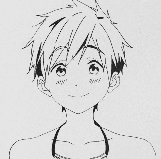 a black and white drawing of a boy with a bikini top around his neck