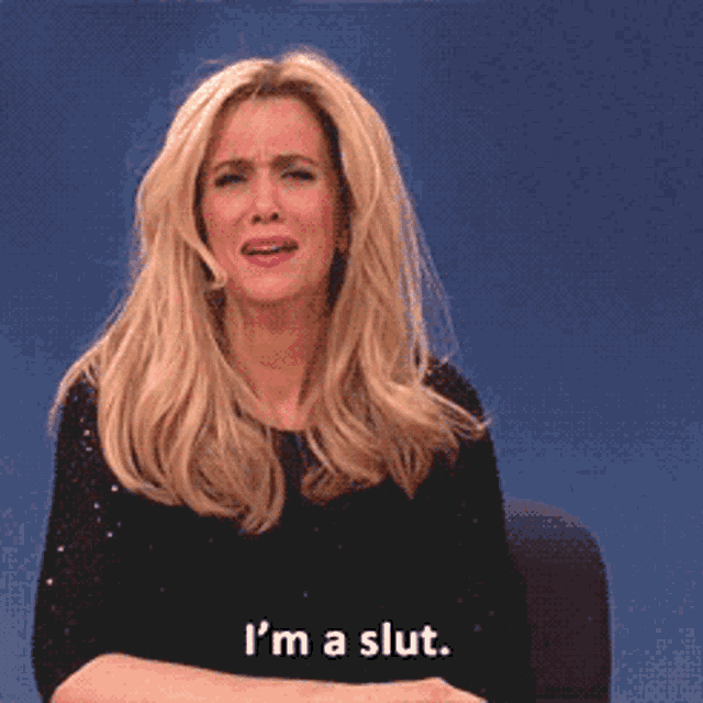 a woman is crying and saying i 'm a slut in front of a blue background