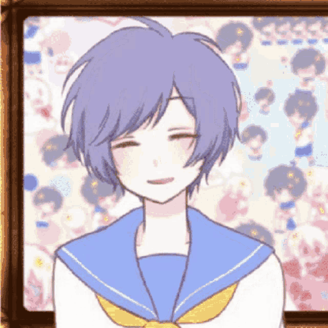 a girl with blue hair is smiling in front of a picture