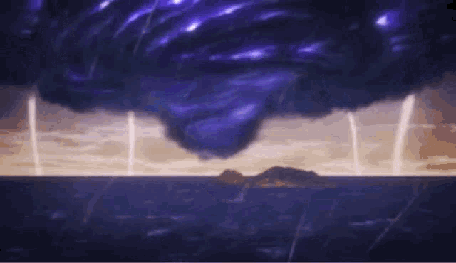 a storm is coming over the ocean with a purple cloud in the sky .