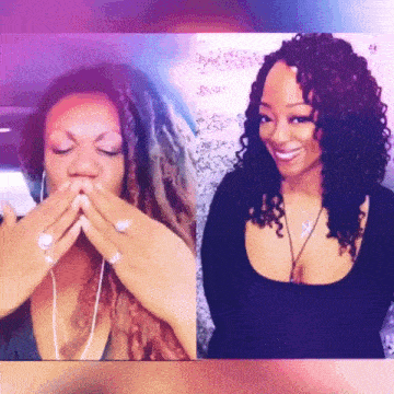 a woman with dreadlocks and curly hair covering her mouth