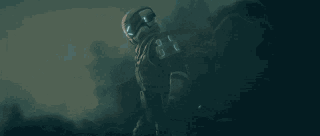 a futuristic soldier with a helmet that has a x on it