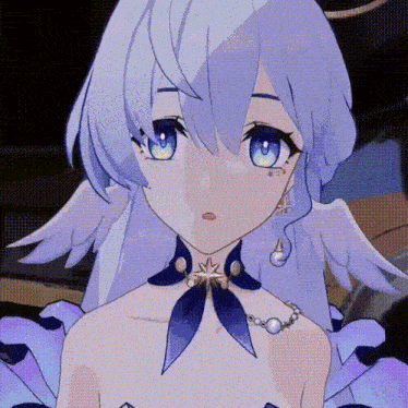 a close up of a anime girl with purple hair and blue eyes wearing a necklace .