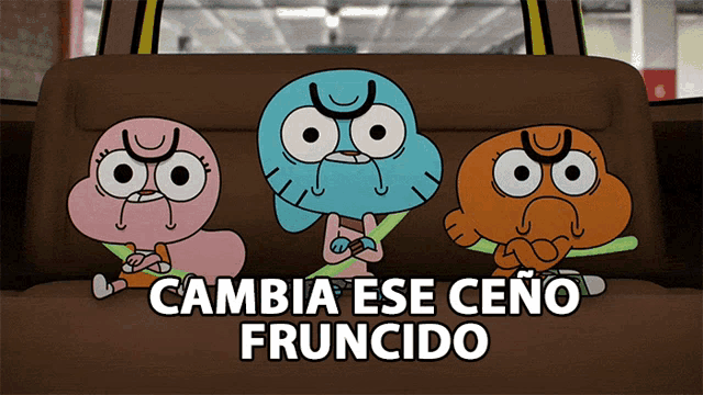 three cartoon characters are sitting in the back seat of a car with the words cambia ese ceno fruncido