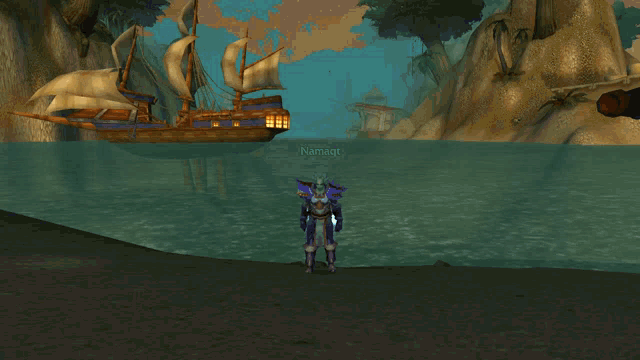 a person in a video game is standing in front of a ship and the name nanmac is displayed on the screen