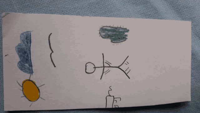 a piece of paper with a drawing of a sun a cloud and a candle