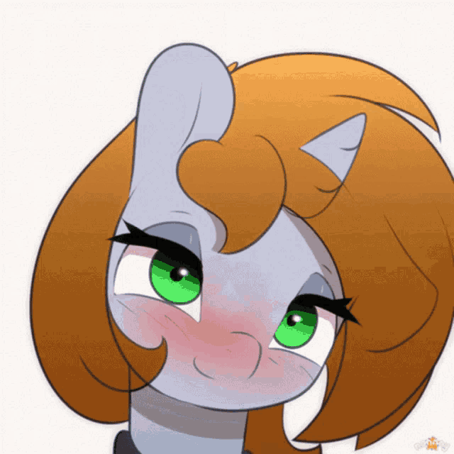 a drawing of a pony with red cheeks and green eyes