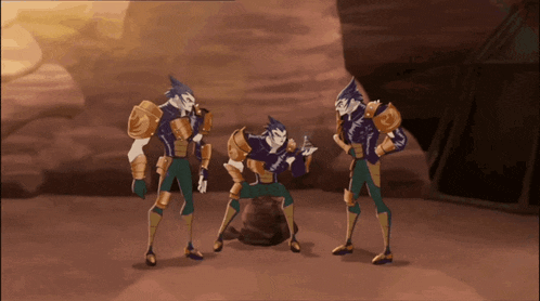 three cartoon characters are standing next to each other and one has a gun in his hand