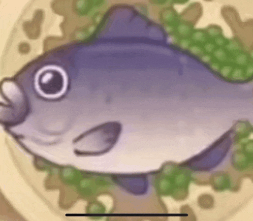 a cartoon fish is sitting on top of a plate with green vegetables .