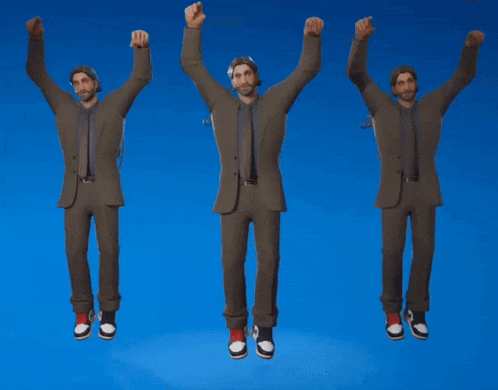 a man in a suit and tie is dancing with his arms in the air