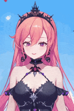 a girl with pink hair and purple eyes is wearing a black tiara
