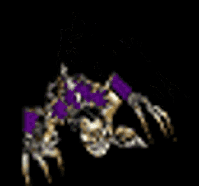a blurred image of a robot with purple and gold arms and legs on a black background .