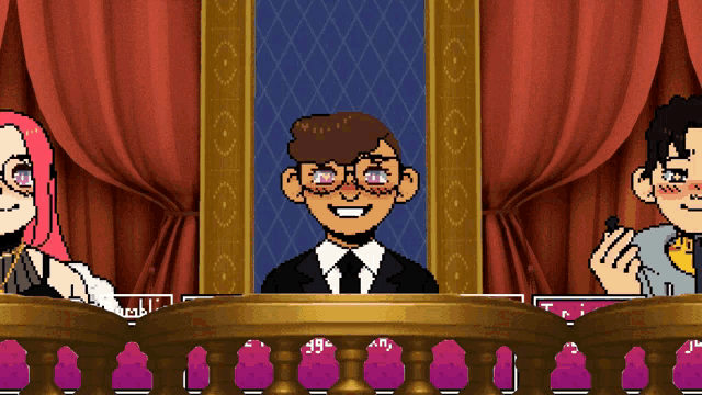 a pixel art drawing of a man in a suit and tie sitting at a table