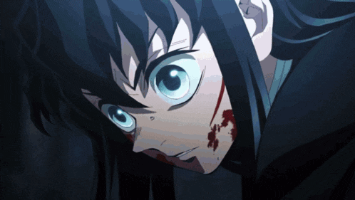 a close up of a cartoon character with blood on his face