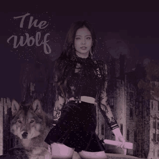 a woman in a black dress stands in front of a wolf and the words the wolf
