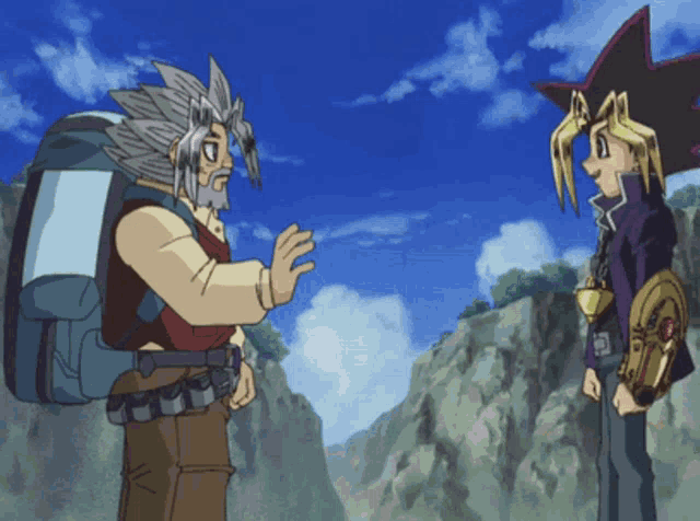 a man with a backpack is talking to another man in a cartoon