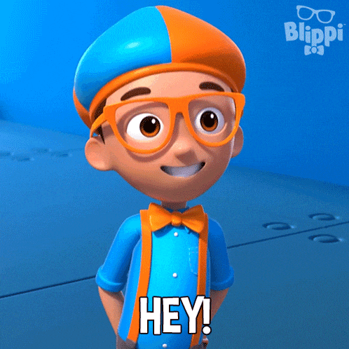 a cartoon character from blippi is smiling and says hey