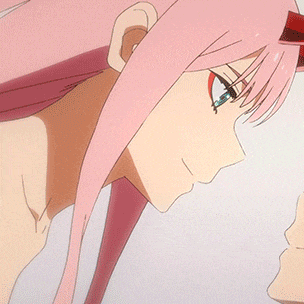 a close up of a person 's face with pink hair and a white hat .