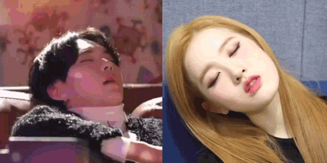 a man and a woman are sleeping next to each other on a couch