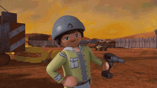 a playmobil character is holding a drill