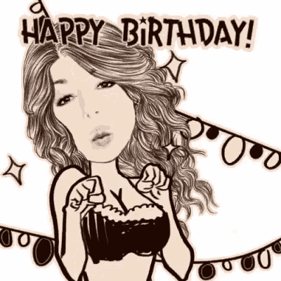 a black and white drawing of a woman blowing a kiss with the words `` happy birthday ! ''