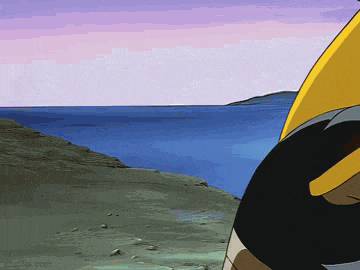 a cartoon character is standing in front of a body of water ..