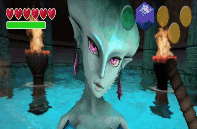 a video game screen shows a mermaid with pink eyes and a green heart bar