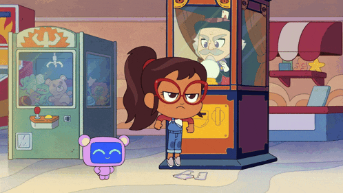 a cartoon drawing of a girl standing in front of a machine that says ' a ' on it